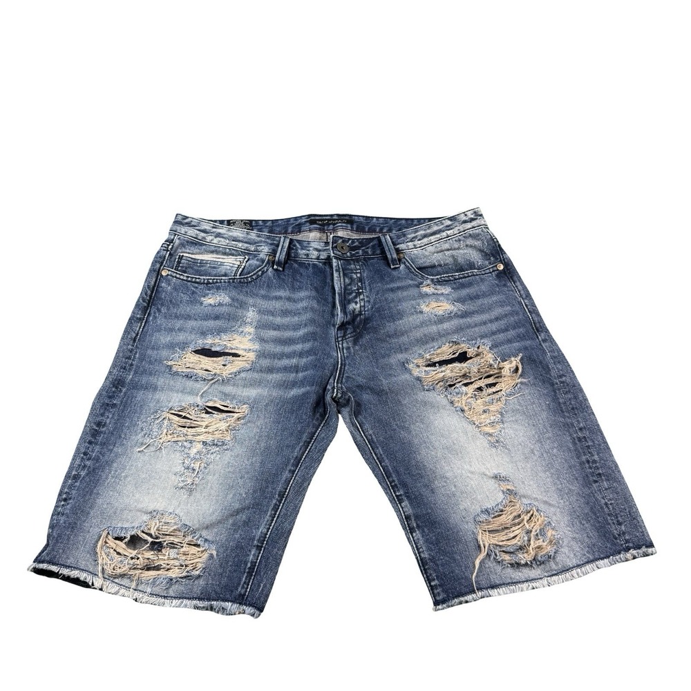 Cult Of Individuality Blue Distressed Rebel Straight Button Fly Jort Size 38